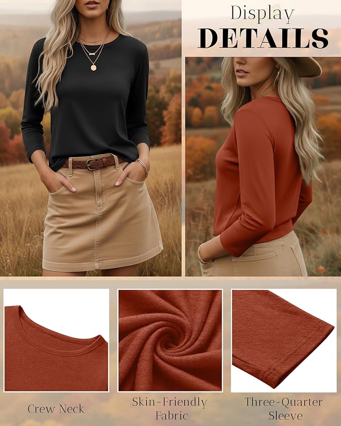 Ficerd 3 Pack 3/4 Sleeve Tops for Women Round Neck Dressy Basics Tees Casual Trendy Loose Fit T Shirts