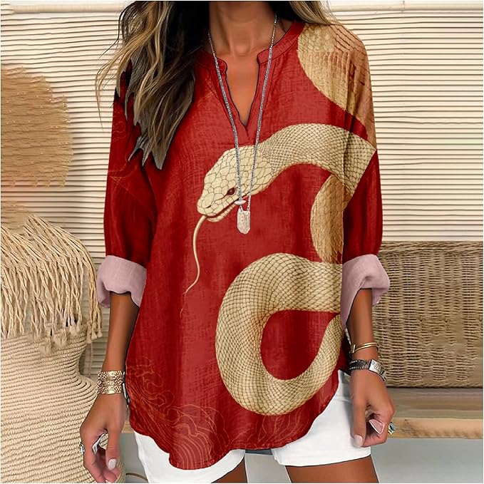 MARSVOVO V Neck Shirt For Women Boho Multi Style Blouse Long Sleeve Novelty Graphic Plus Size Pullover Tops For Women
