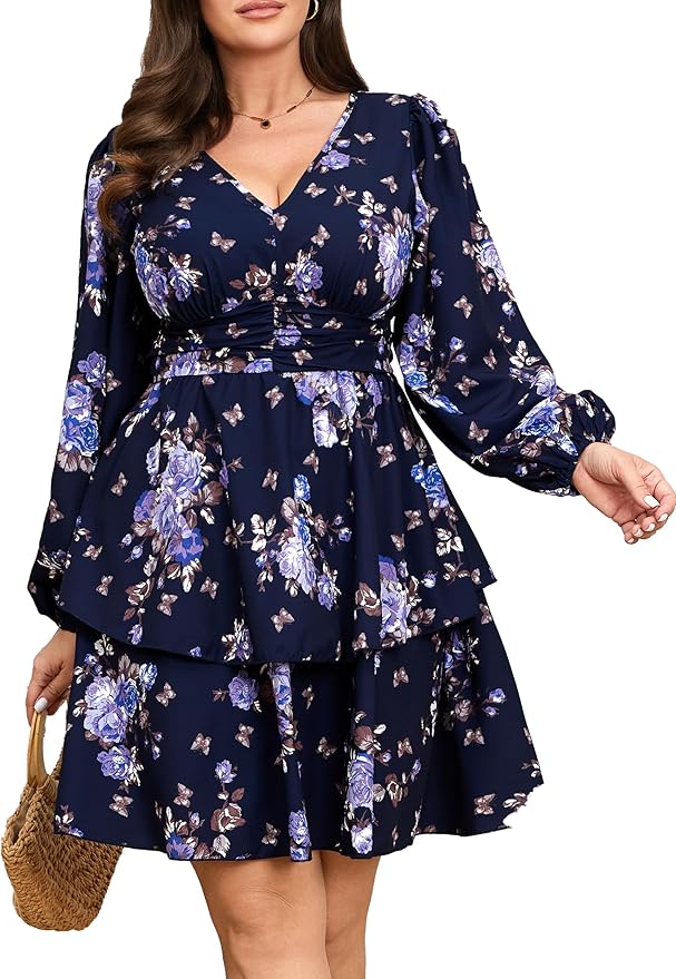 RWJ Plus Size Dresses for Curvy Women V Neck Long Sleeve Elastic Waist Fall Wedding Guest Layer Casual Mini Dress