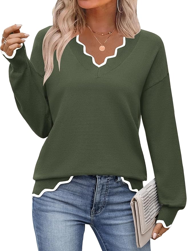 Zeagoo Women's 2026 Fall V Neck Sweater Casual Long Sleeve Lightweight Ribbed Knit Pullover Sweaters Dressy Casual Tops