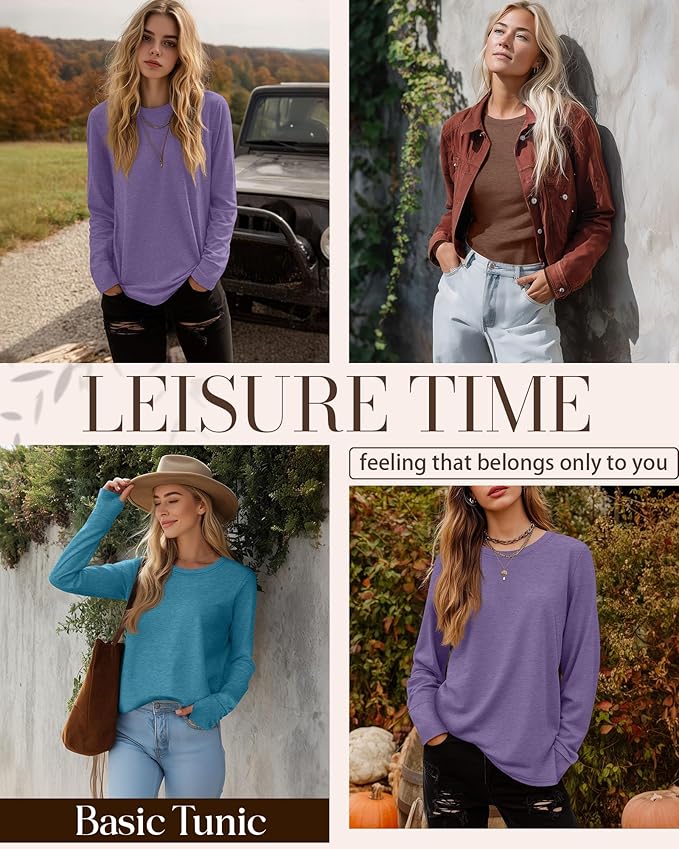 Huukeay 3 Pack Women's Long Sleeve Shirts with Thumb Holes, Cotton Casual Crew Neck Tunic Tops Fall Loose Y2k Trendy Outfits
