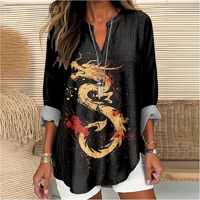 MARSVOVO V Neck Shirt For Women Boho Multi Style Blouse Long Sleeve Novelty Graphic Plus Size Pullover Tops For Women
