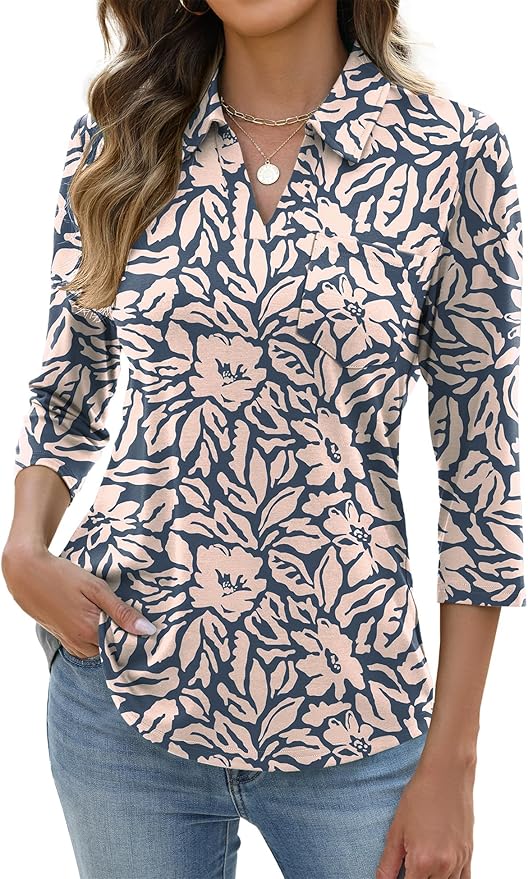 AKEWEI Womens 3/4 Length Sleeve Tops V Neck Casual Basic Tees Work Polo Shirts Collared Summer Top with Front Pocket