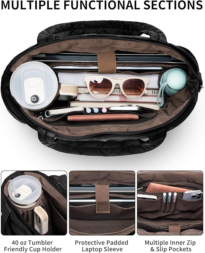 Puffer Tote Bag for Women, Lightweight Puffy Work Handbag Teacher Nurse Quilted Shoulder Bag for School Travel Gym | Quilted, with Zipper, Daily Carry On Bags, Comfy College Bags, 15.6" Laptop Sleeve, Cup Holder Pocket, Portable, Spacious