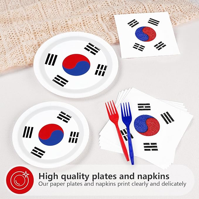 Greencian 96 Pcs South Korea Flag Themed Party Supplies Disposable South Korean Paper Plates and Napkins Korean National Flag Tableware Set for Country Decoration Party Supplies, Serves 24