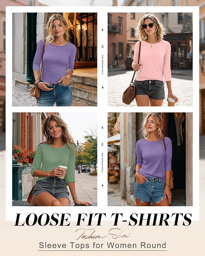 Ficerd 3 Pack 3/4 Sleeve Tops for Women Round Neck Dressy Basics Tees Casual Trendy Loose Fit T Shirts