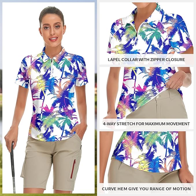 Women's Golf Shirt Short Sleeve Tennis Shirt Quarter Zip Golf Pullover Golf Polo Shirts Argyle Tops