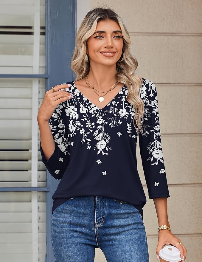 Zeagoo 3/4 Length Sleeve Womens Tops V Neck Shirt Dressy Casual Blouse Basic Tshirts 2026 Fashion Clothing S-2XL