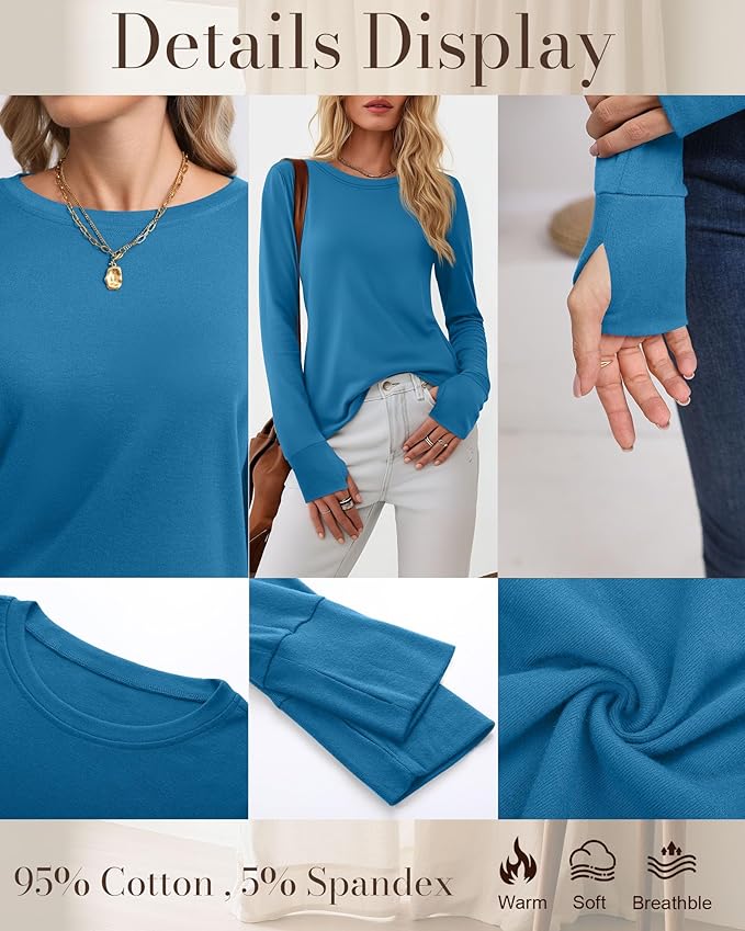 Huukeay 3 Pack Women's Long Sleeve Shirts with Thumb Holes, Cotton Casual Crew Neck Tunic Tops Fall Loose Y2k Trendy Outfits