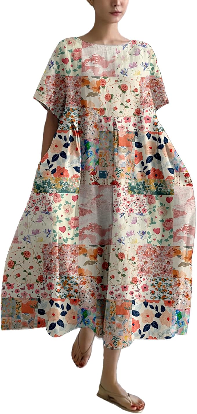 MARSVOVO Patchwork Flowy Dresses for Women Plus Size Loose Casual Tunic Dress Elegant Crewneck Maxi Dresses with Pockets