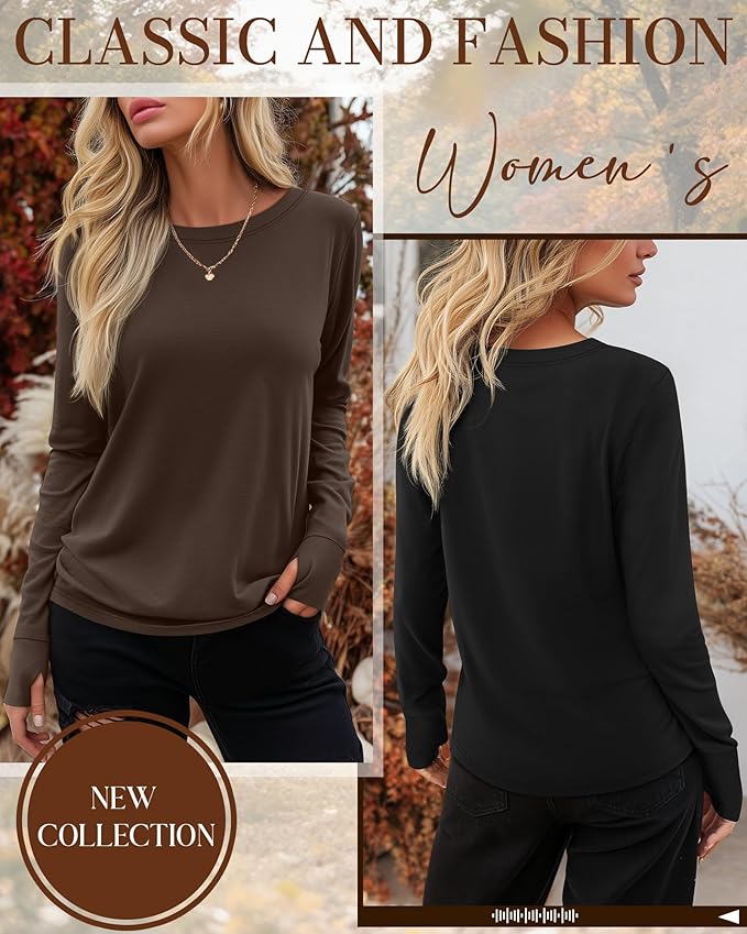 Huukeay 3 Pack Women's Long Sleeve Shirts with Thumb Holes, Cotton Casual Crew Neck Tunic Tops Fall Loose Y2k Trendy Outfits