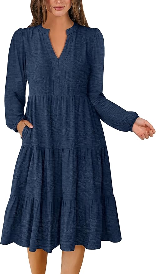 ANRABESS Womens Fall Midi Dresses Long Sleeve V Neck Swing Tiered Work Business Casual 2026 Flowy Beach Vacation Dress