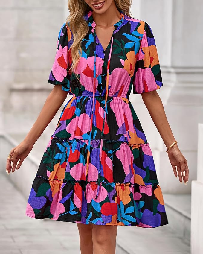BTFBM Women Summer Floral Short Dresses V Neck Short Sleeve Tiered Ruffle Boho Swing Dress A-Line Mini Dresses