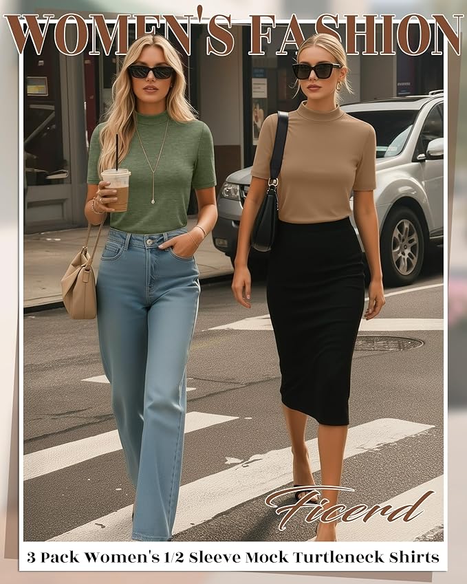 Ficerd 3 Pack Women's 1/2 Sleeve Mock Turtleneck Shirts, Elbow Length Shirt Half Sleeve Tunic Top Casual Summer Basic Tees