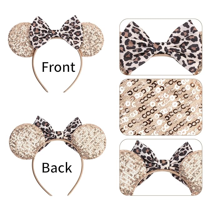 bianbaistar Champagne Sequin Mouse Ears Headband, Leopard Print Satin Bow for Theme Parks & Glam Nights