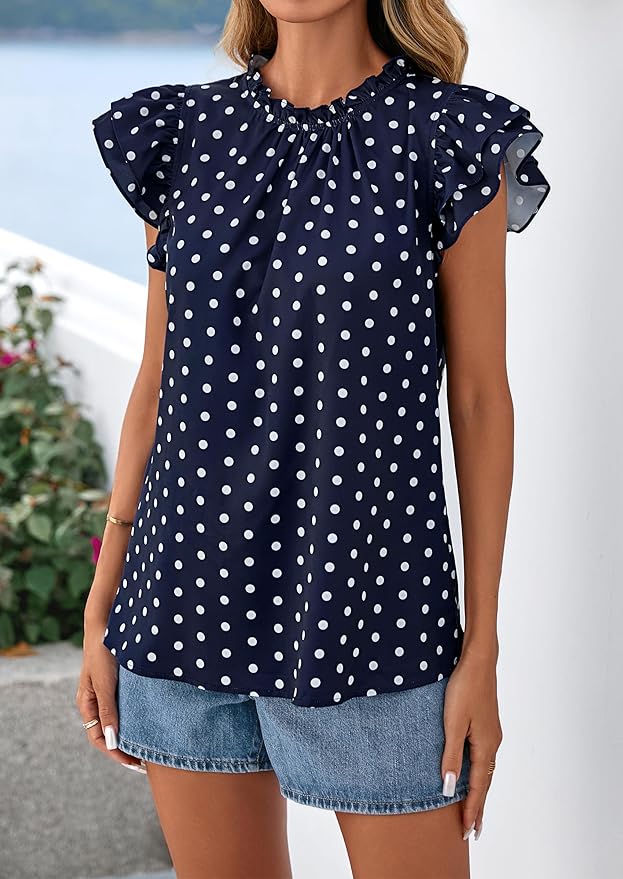 PRETTYGARDEN Women's Ruffle Short Sleeve Summer Tops 2026 Trendy Floral Trim Neck Casual Dressy Chiffon Boho Blouses Shirts
