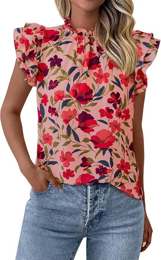 PRETTYGARDEN Women's Ruffle Short Sleeve Summer Tops 2026 Trendy Floral Trim Neck Casual Dressy Chiffon Boho Blouses Shirts