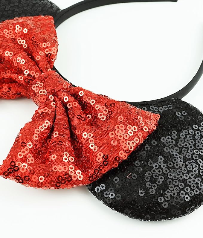 LIHELEI Mouse Ears Headband with Sequin Bows, Headbands for Women Halloween Costume, Headwear Hair Accessories - Red and black Mouse Ear