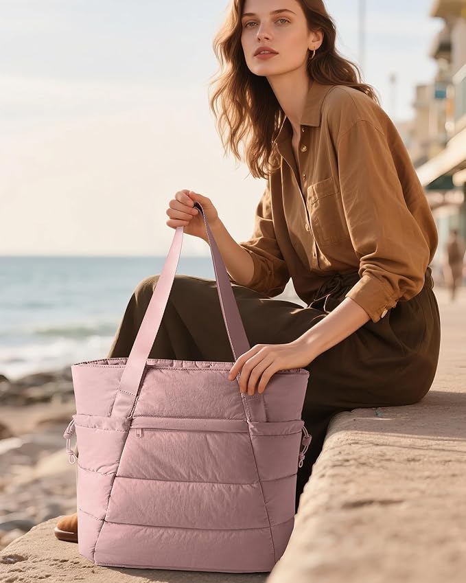 Puffer Tote Bag for Women, Lightweight Tote Bag for Work and School, Dark Pink