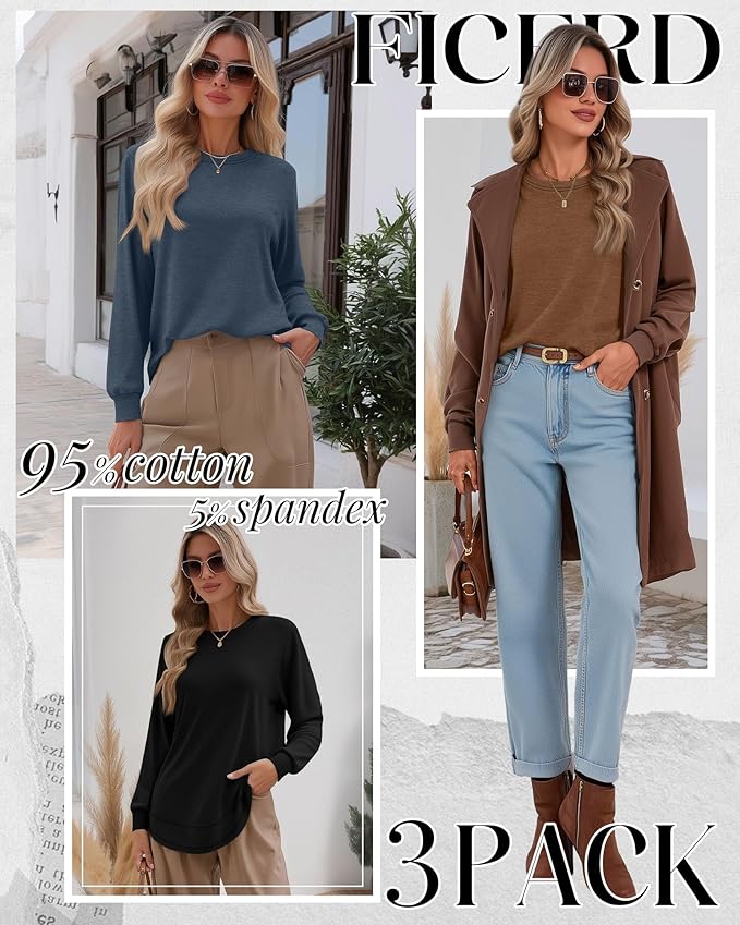 Ficerd 3 Pack Women's Long Sleeve Shirts, Cotton Crew Neck Tunic Tops Casual Loose Fit Pullover Sweatshirts Curved Hem Shirts