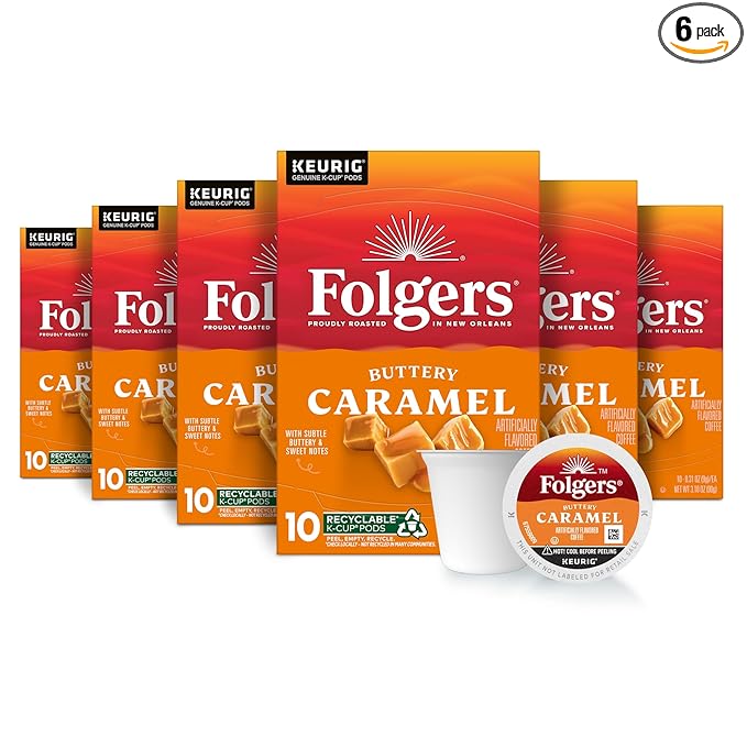 Folgers Buttery Caramel Artificially Flavored Coffee, Keurig K-Cup Pods, 10 Count Box (Pack of 6)