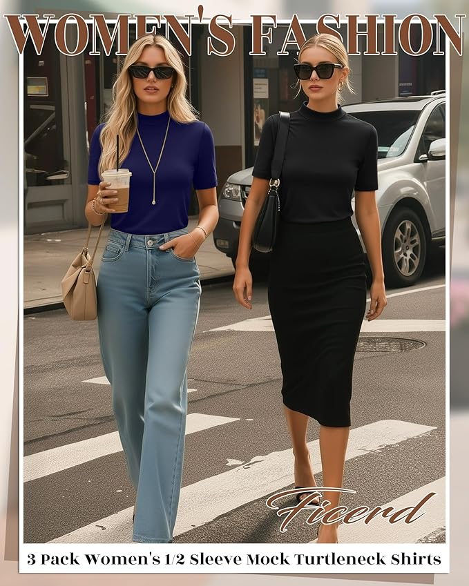 Ficerd 3 Pack Women's 1/2 Sleeve Mock Turtleneck Shirts, Elbow Length Shirt Half Sleeve Tunic Top Casual Summer Basic Tees