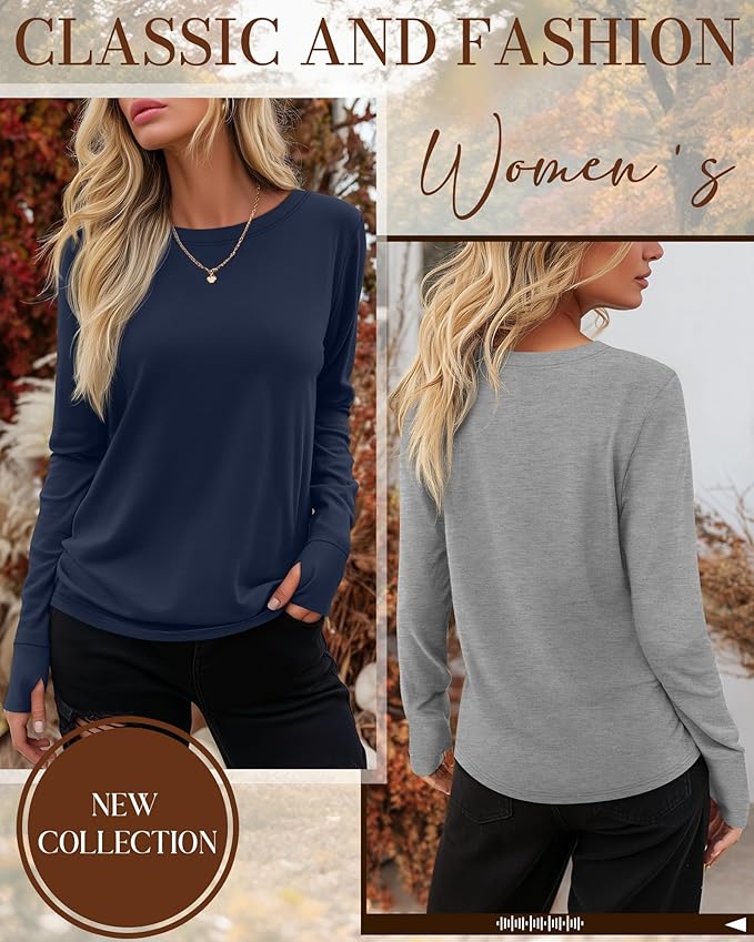 Huukeay 3 Pack Women's Long Sleeve Shirts with Thumb Holes, Cotton Casual Crew Neck Tunic Tops Fall Loose Y2k Trendy Outfits