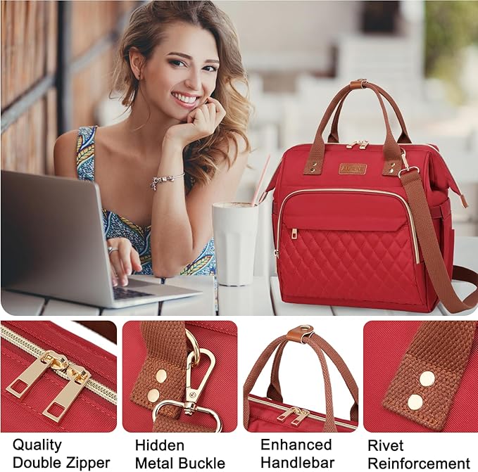 AIJIEKE Lunch Bag for Women, Leakproof & Insulated Work Lunch Box Tote, Reusable Adult Cooler Bag with Water Bottle Side Pocket & Removable Shoulder Strap, Red