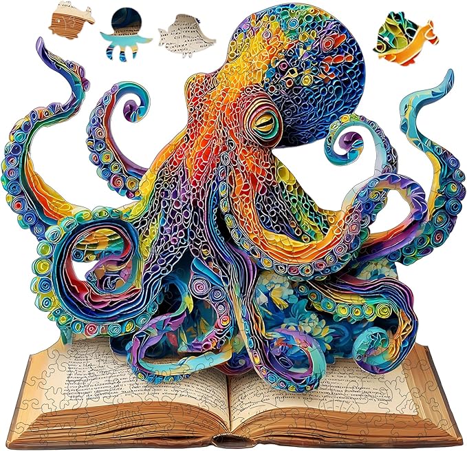 Reouinty Wooden Puzzles for Adults, Octopus Book Jigsaw Puzzles 200 Pieces, Unique Shape Animal Adult Puzzles, Irregular Wood Best Gift for Adults Family Game(11.4 * 10.9 in)