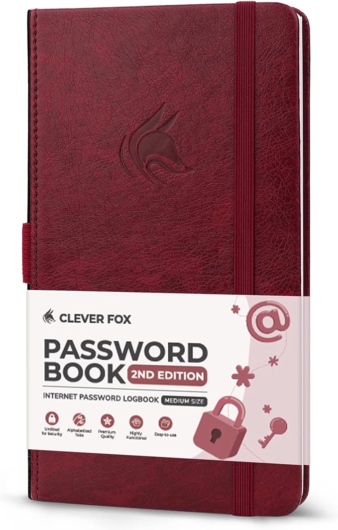 Clever Fox Password Book 2nd Edition – Hardcover Password Keeper with Alphabetical Tabs – Internet Address Notebook & Login Details Organizer Journal – 4.1x7.6” (Wine Red)