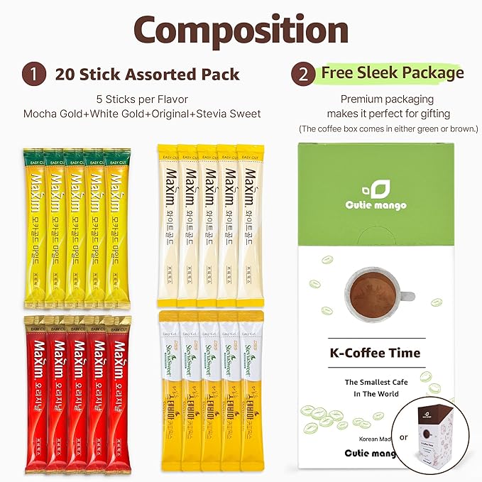 CUTIE MANGO Maxim & Stevia Variety 20 Sticks Premium Korean Instant Coffee Sampler White Mocha Original Zero Sugar Stevia Assortment Café Style Camping Party 4 Flavors Packets Easy-Cut (5 Sticks Each)