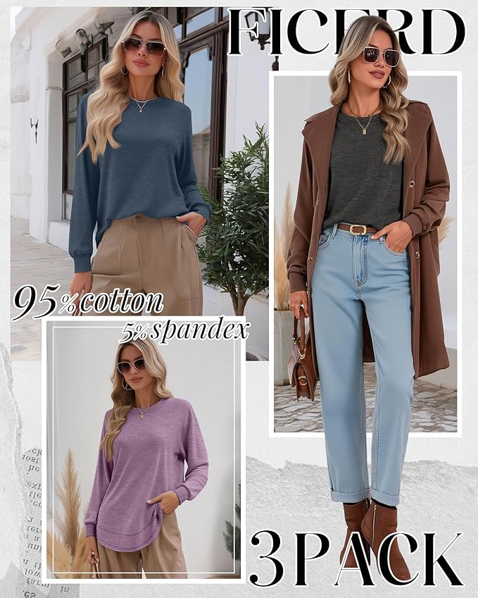 Ficerd 3 Pack Women's Long Sleeve Shirts, Cotton Crew Neck Tunic Tops Casual Loose Fit Pullover Sweatshirts Curved Hem Shirts