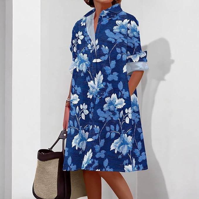 Shirt Dresses for Women 2025 Summer Long Sleeve Casual Plus Size Floral Printed Beach Vacation Dress with Pockets
