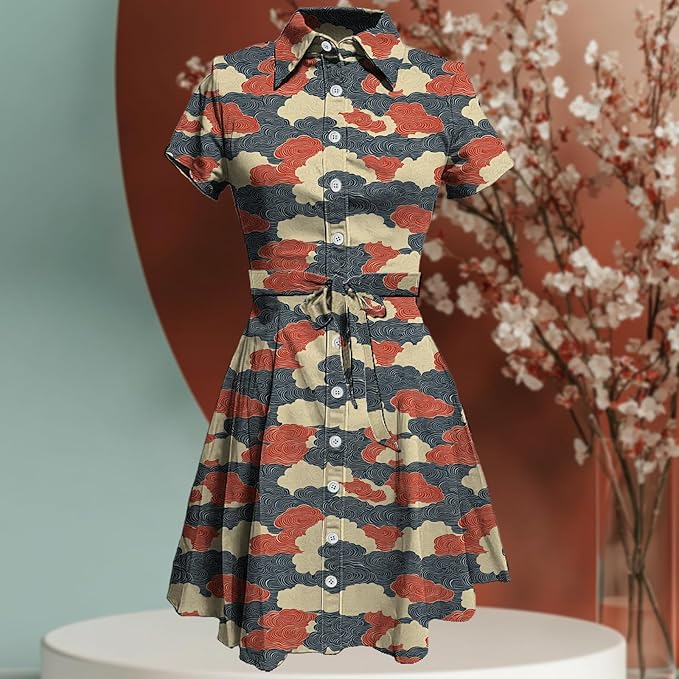 MARSVOVO Japanese Art Shirt Dresses for Women Short Sleeve Ruffle Button Down Tie Waist Trendy Elegant Midi Dress