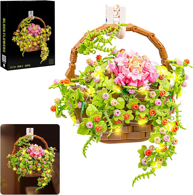 SATHIBI Flower Bouquet Building Set, Flowers Basket Bonsai Plants with Light, Botanical Collection Wall Decor, Creative Building Toy Gift for Adults (691 PCS)