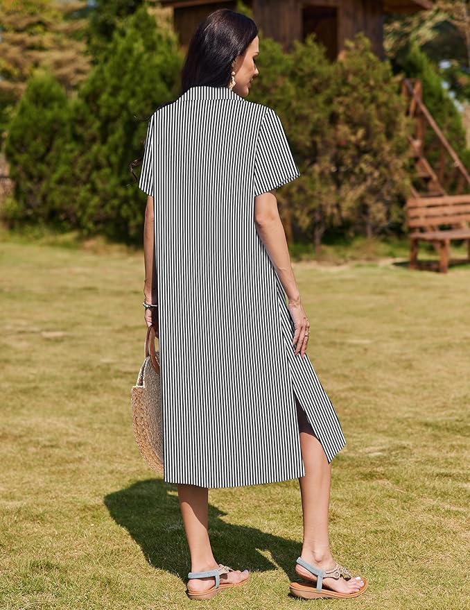 HOTOUCH Womens Dress Summer Casual Midi Short Sleeve Button Down Shirt Dresses Loose Beach Cover Up with Pockets