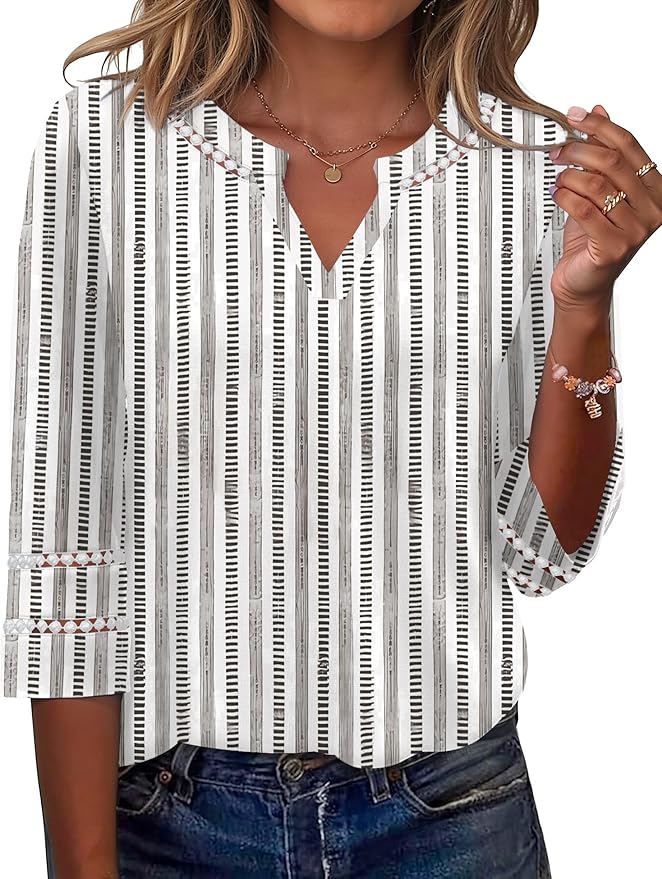 Ivicoer 3/4 Length Sleeve Womens Tops V Neck Lace Embroidered Summer Blouses Loose Fit Tunic Dressy Casual