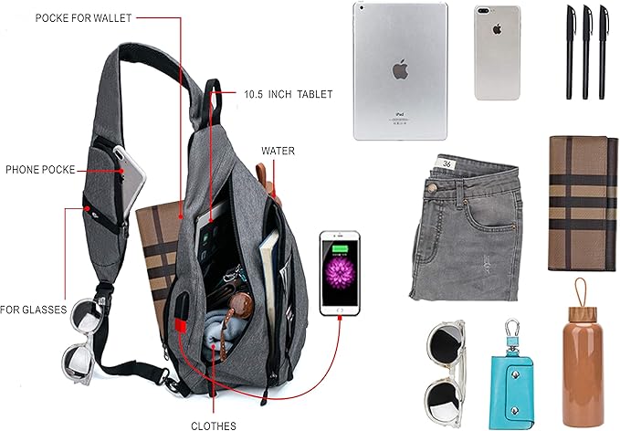 TurnWay Water-Proof Sling bag/Crossbody Backpack/Shoulder Bag with USB Charging Port for Travel, Hiking, Cycling, Camping