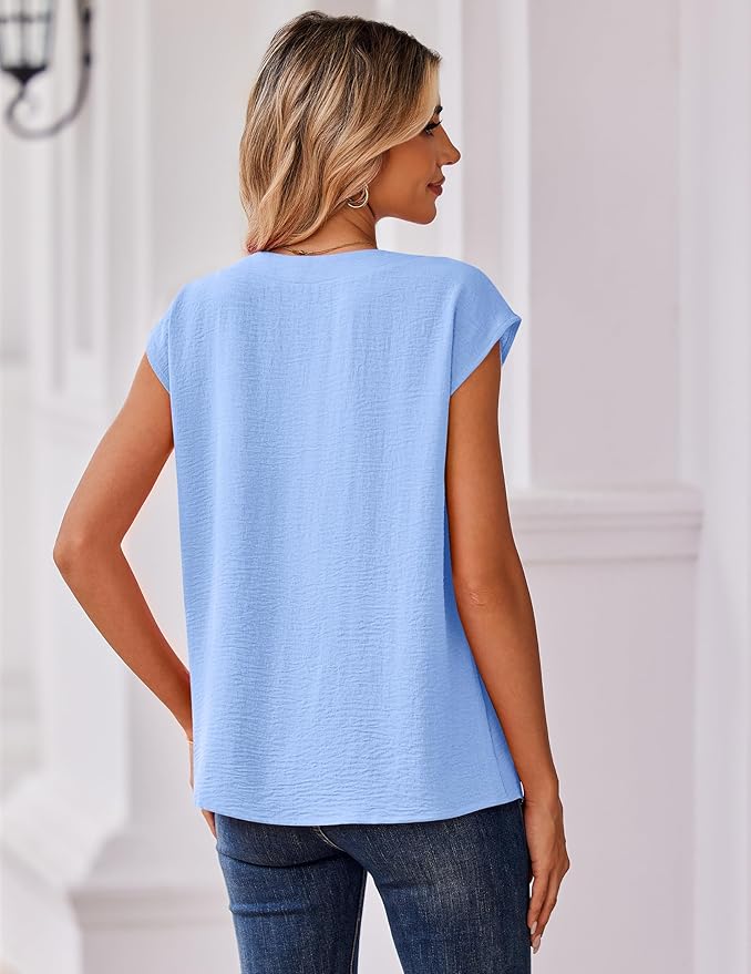 Zeagoo Womens Tops Cap Short Sleeve Textured Blouse V Neck Summer Spring Shirts Business Casual Outfits