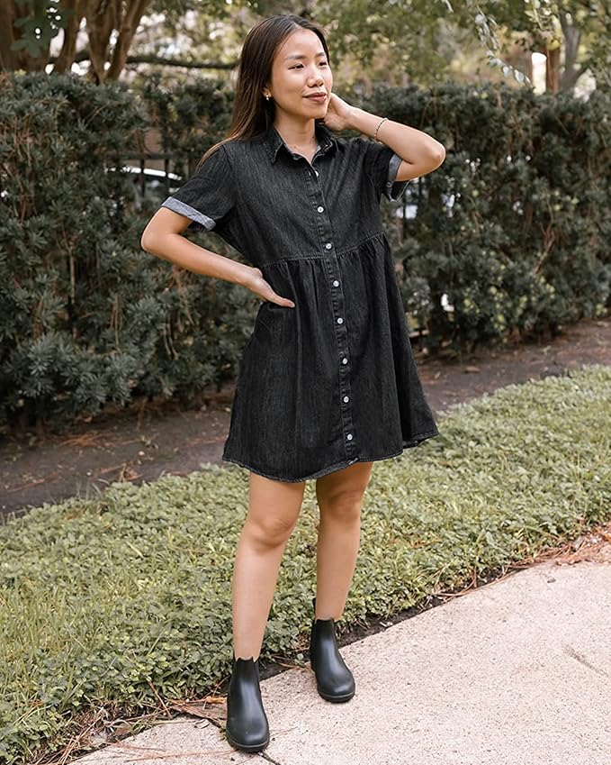 LookbookStore Women's Short Sleeve Button Down Flowy Tiered Babydoll Denim Dress
