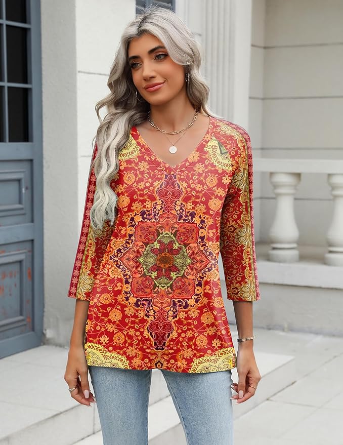 Zeagoo 3/4 Length Sleeve Womens Tops Casual V Neck Shirts Soft Basic Tees Business Work Blouses