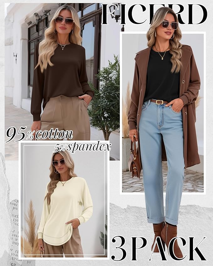 Ficerd 3 Pack Women's Long Sleeve Shirts, Cotton Crew Neck Tunic Tops Casual Loose Fit Pullover Sweatshirts Curved Hem Shirts