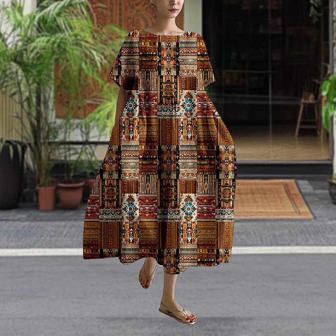 MARSVOVO Patchwork Flowy Dresses for Women Plus Size Loose Casual Tunic Dress Elegant Crewneck Maxi Dresses with Pockets