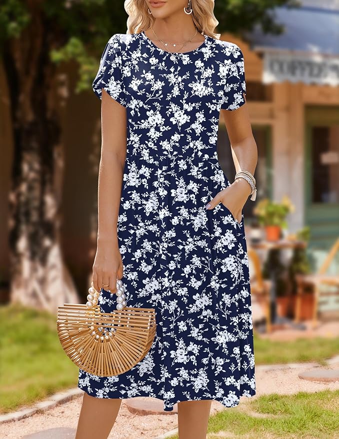 HOTOUCH Women's Summer A-Line Midi Dresses 2026 Casual Floral Short Sleeve T-Shirt Dress Flowy Beach Sundress with Pockets