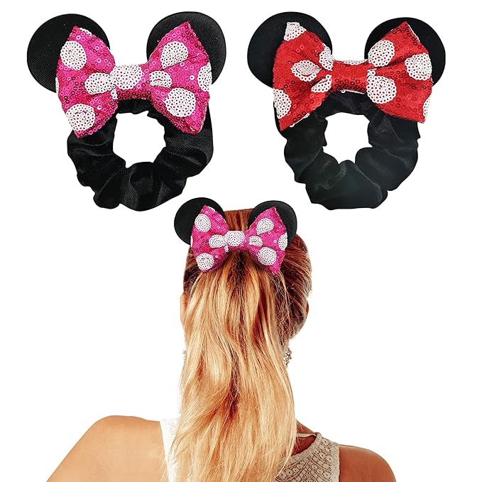 Styla Hair 2pk Mouse Ear Scrunchies for Kids Velvet Hair Bow Scrunchies for Women - Sparkle Sequins Mouse Hair Bands for Pony Tail (Red Pink Polka Dot)