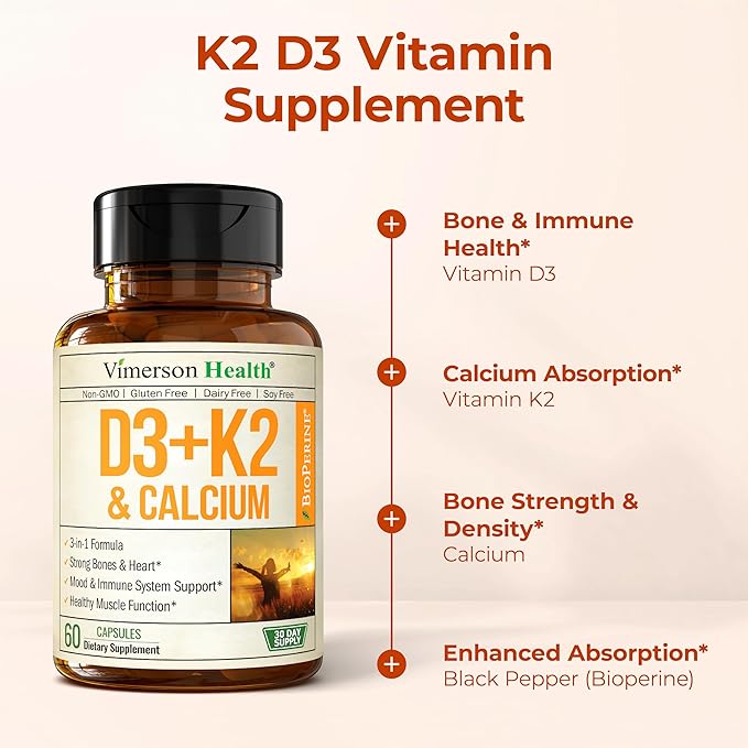 Vitamin D3 K2 Supplement – All-in-1 Support for Immune, Bone & Heart Health with Vitamin D + Vitamin K (as MK7) – K2 D3 (5000 IU) Vitamin Supplement with Black Pepper for Max Absorption, 60 Capsules