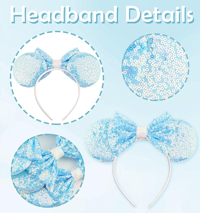 LIHELEI Mouse Ears Headband for Princess, Blue Cinderella Elsa Headbands for Halloween Costume, Sequin Bows Headwear Hair Accessories for Women -Light Blue