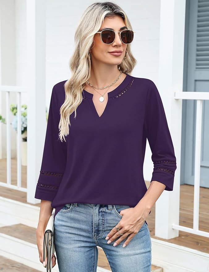 Ivicoer 3/4 Length Sleeve Womens Tops V Neck Lace Embroidered Summer Blouses Loose Fit Tunic Dressy Casual