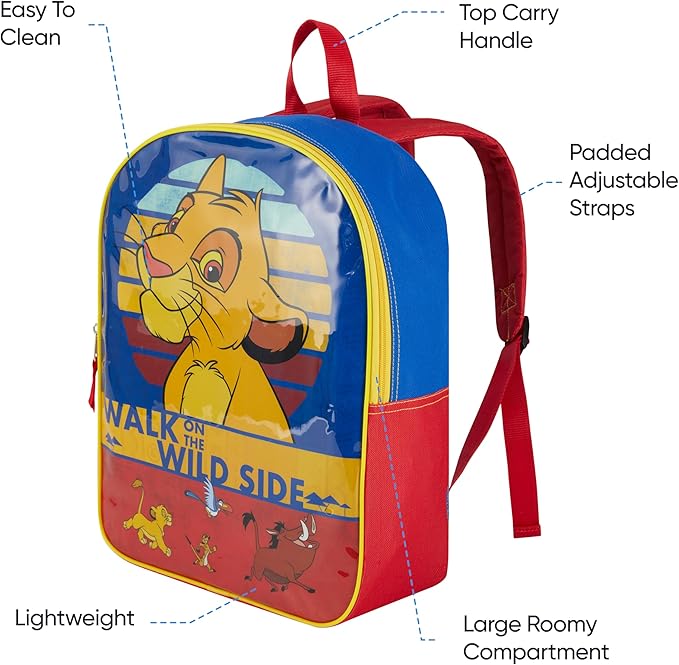 Disney Lion King Backpack for Kids 15” | Bookbag for Boys and Girls | Padded Straps & Large Zip Compartment | Lion King School Supplies
