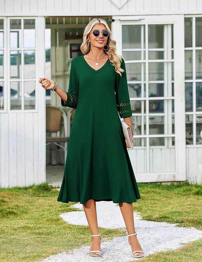 Zeagoo Women's Dresses 3/4 Sleeve Summer Casual V-Neck A Line Flowy Eyelet Midi Dress for Women Beach Vacation Sundress